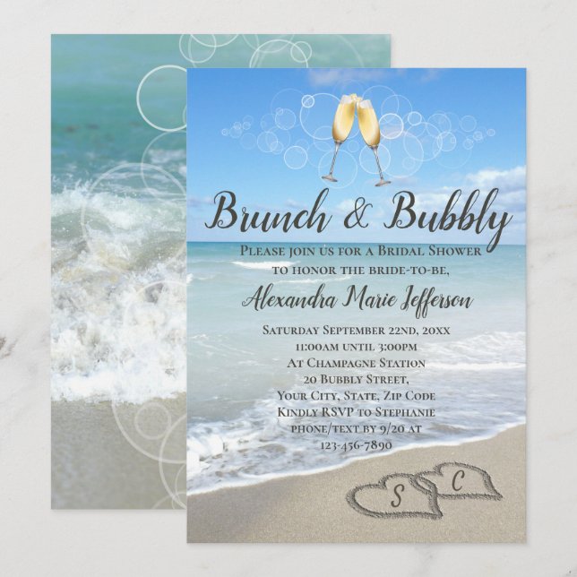 Brunch and Bubbly Sand Hearts Beach Bridal Shower Invitation (Front/Back)