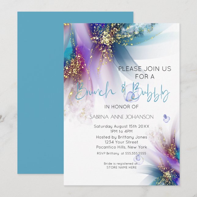 Brunch and Bubbly Teal Purple Abstract Invitation (Front/Back)