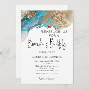 Brunch and Bubbly Turquoise and Gold Marbled Ink Invitation