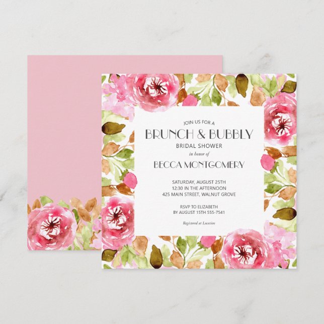 Brunch and Bubbly Watercolor Bridal Shower Invites (Front/Back)