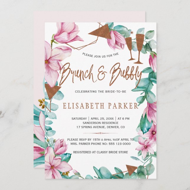 Brunch and bubbly watercolor floral bridal shower invitation (Front/Back)