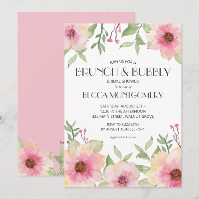 Brunch and Bubbly Watercolor Pink Floral Invites (Front/Back)