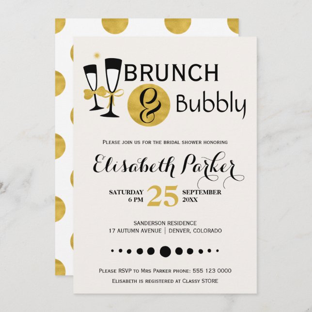 Brunch and bubbly white black gold bridal shower invitation (Front/Back)