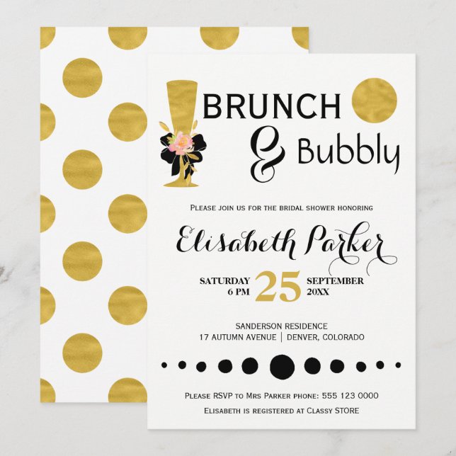 Brunch and bubbly white black gold bridal shower invitation (Front/Back)