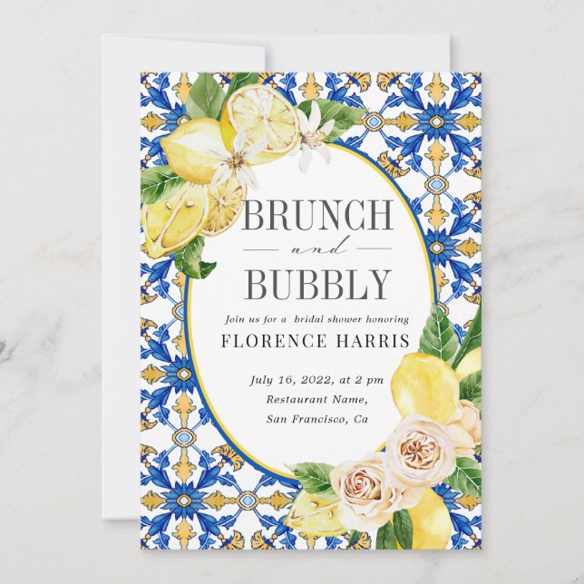 Brunch and Bubbly  Yellow Lemon Bridal Shower Invitation (Front)