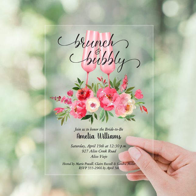 Brunch and Bubby Bridal Shower Floral Acrylic Invitations (Brunch and Bubby flowers and champagne flutes bridal shower clear or frosted acrylic invitations)