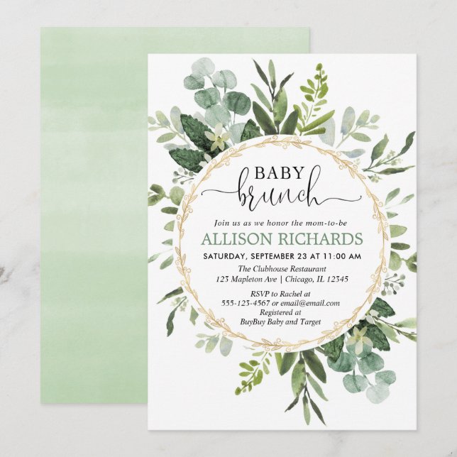 Brunch baby shower, Eucalyptus gender neutral Invitation (Front/Back)