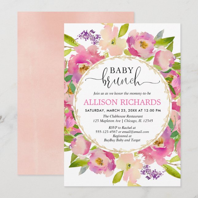 Brunch baby shower girl, blush pink gold greenery invitation (Front/Back)