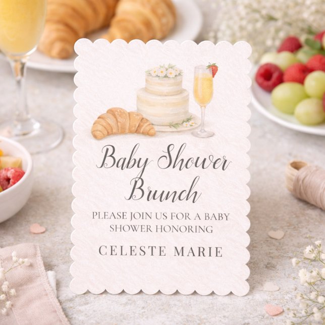 Brunch Baby Shower Invitation (Soft beige brunch baby shower with cake, croissant, and mimosa detail)