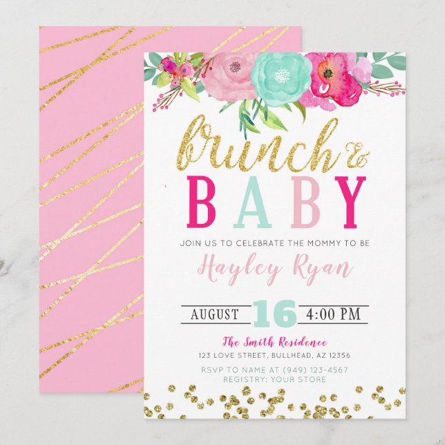 Brunch & Baby Summer Flowers Boho Gold Glitter Invitation (Front/Back)