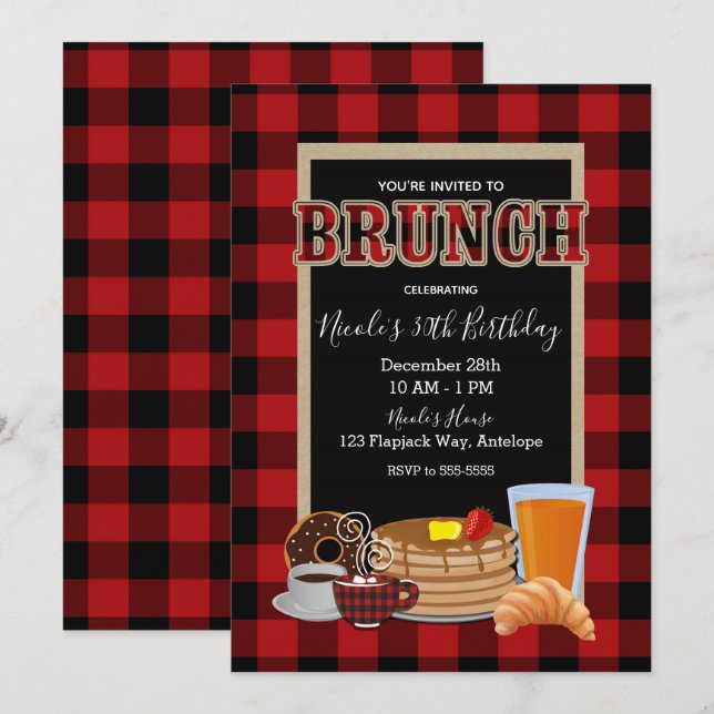 Brunch Breakfast Rustic Red Black Buffalo Plaid Invitation (Front/Back)