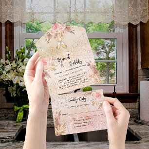 Brunch Bridal Shower pampas grass rose gold RSVP All In One Invitation