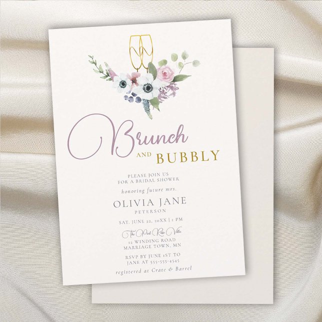 Brunch Bubbly Anemones Gold Boho Bridal Shower Invitation (brunch and bubbly bridal shower invitation floral anemones bouquet champagne flutes gold elegant )