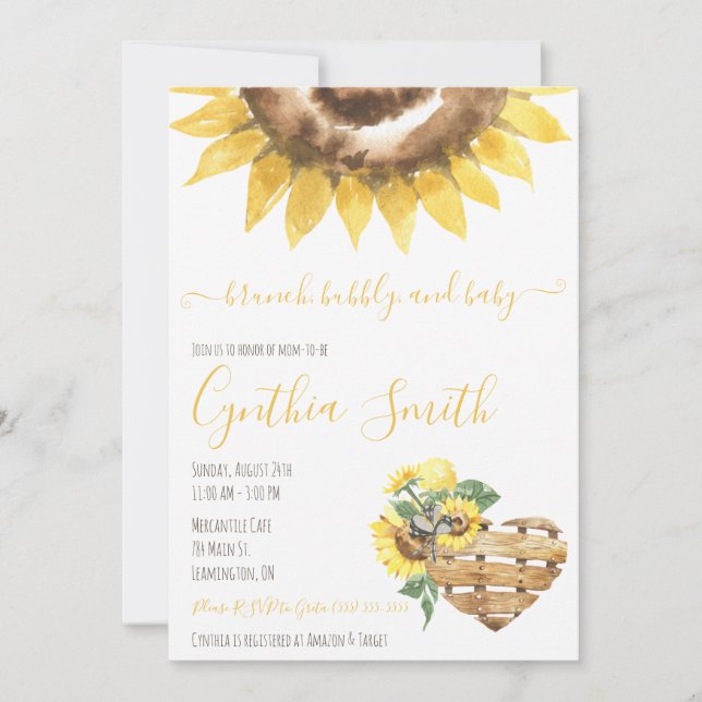 Brunch, Bubbly & Baby Sunflower Baby Shower Invitation (Front)