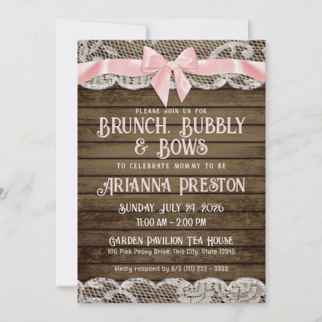 Brunch Bubbly Barn Wood and Bows Baby Shower   Invitation (Front)