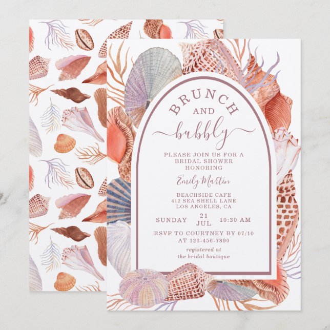 Brunch & Bubbly Beach Seashells Bridal Shower Invitation (Front/Back)
