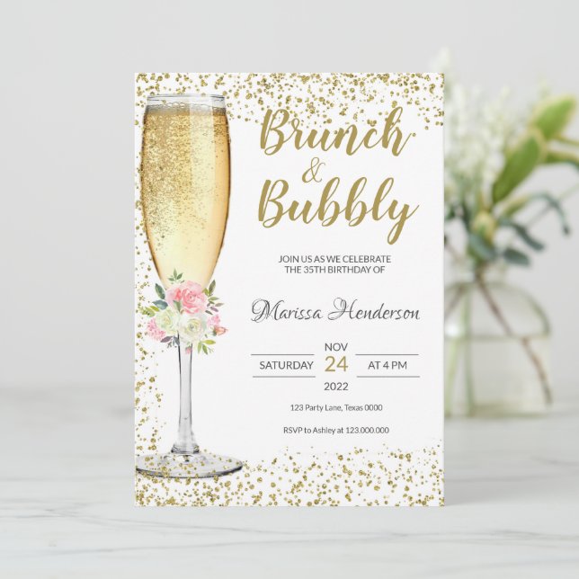 Brunch & Bubbly Birthday Pink Floral Invitation (Standing Front)