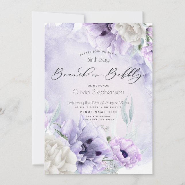 Brunch Bubbly Birthday Watercolor Lilac Poppy Invitation (Front)