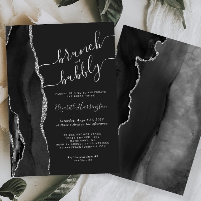 Brunch & Bubbly Black Silver Agate Bridal Shower Invitation (Creator Uploaded)