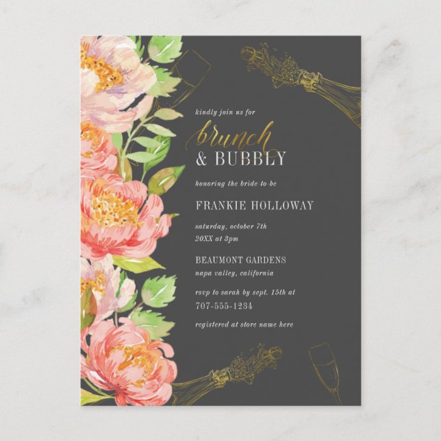 Brunch & Bubbly | Black White & Gold Bridal Shower Invitation Postcard (Front)
