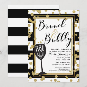 Brunch & Bubbly Black White Stripes Gold Confetti Invitation