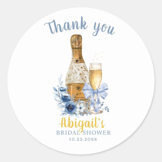 BRUNCH & BUBBLY Blue Floral Bridal Shower  Classic Round Sticker (Front)
