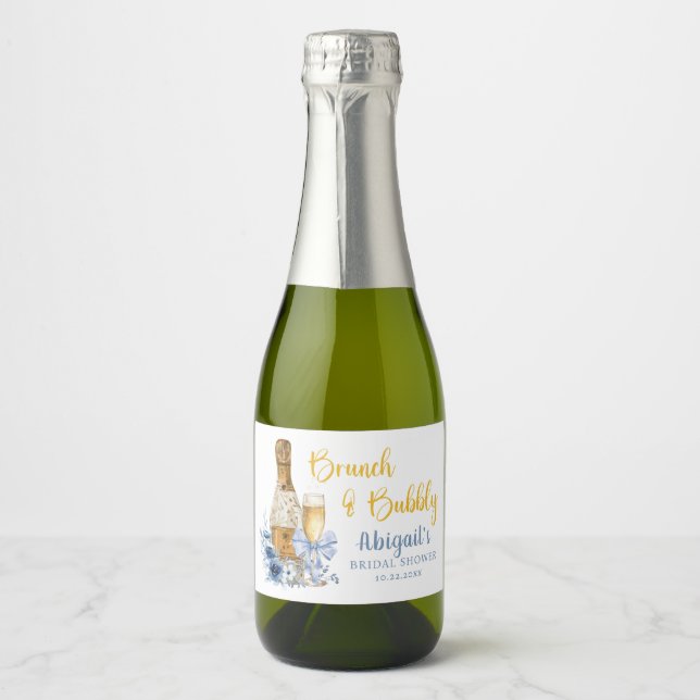 BRUNCH & BUBBLY Blue Floral Bridal Shower  Sparkling Wine Label (Front)