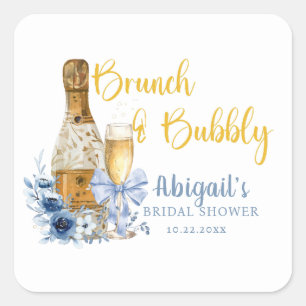 BRUNCH & BUBBLY Blue Floral Bridal Shower  Square Sticker