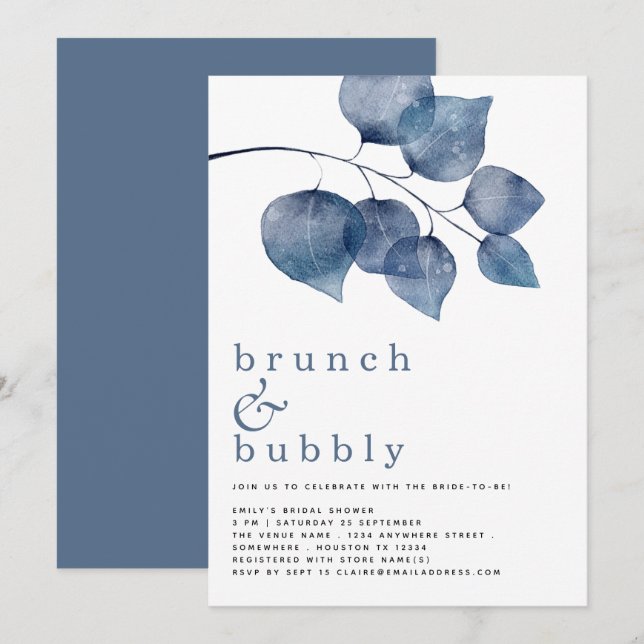 Brunch Bubbly Blue Foliage Bridal Shower Invitatio Invitation (Front/Back)