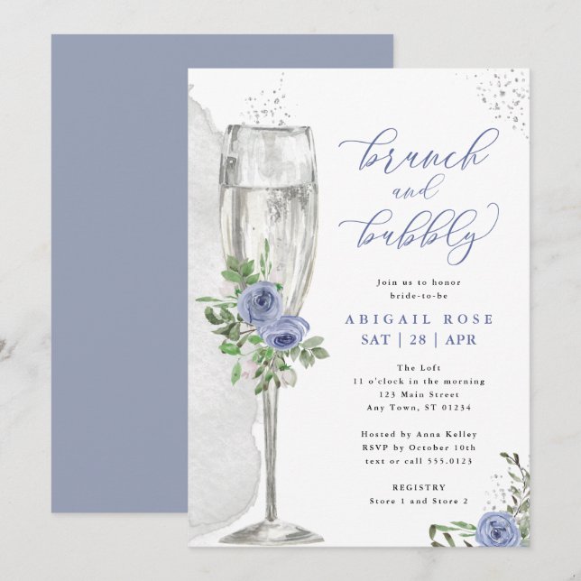 Brunch & Bubbly Blue Silver Floral Bridal Shower Invitation (Front/Back)