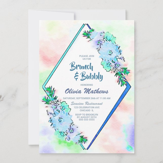 Brunch & Bubbly Blue Watercolor Floral Invitation (Front)