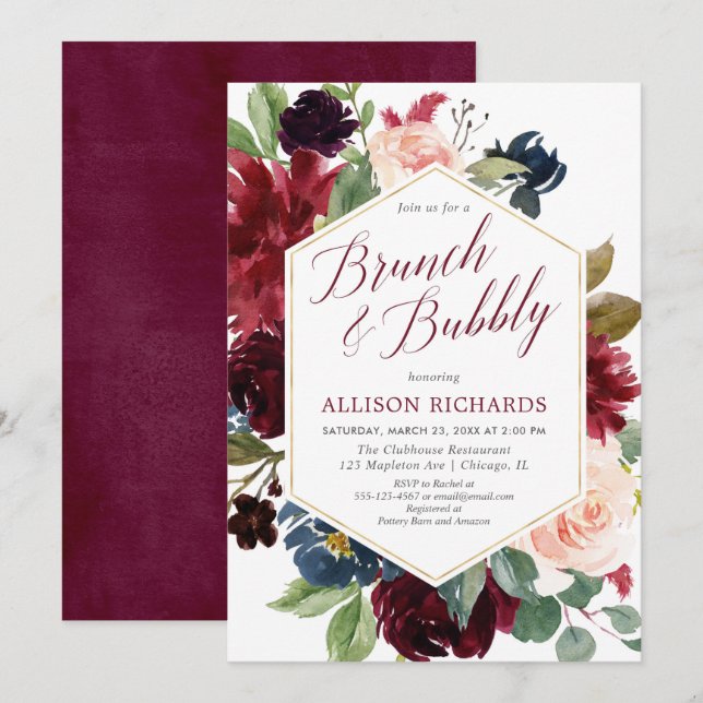 Brunch bubbly blush burgundy navy floral bridal invitation (Front/Back)