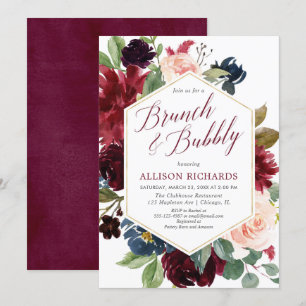 Brunch bubbly blush burgundy navy floral bridal invitation