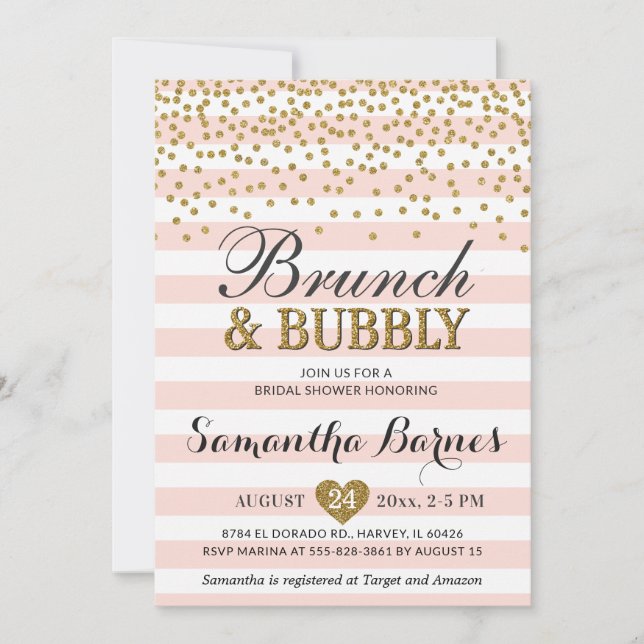 Brunch Bubbly Blush Pink Gold Bridal Shower Invitation (Front)