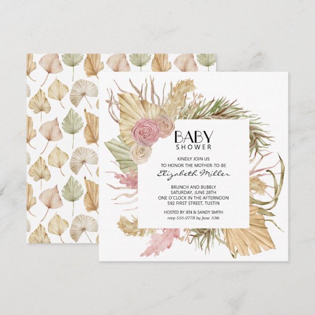 Brunch Bubbly Boho Leaves Baby Shower Invitation (Front/Back)