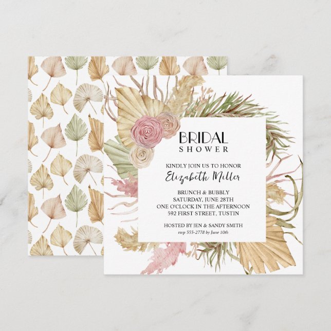 Brunch Bubbly Boho Leaves Bridal Shower Invitation (Front/Back)