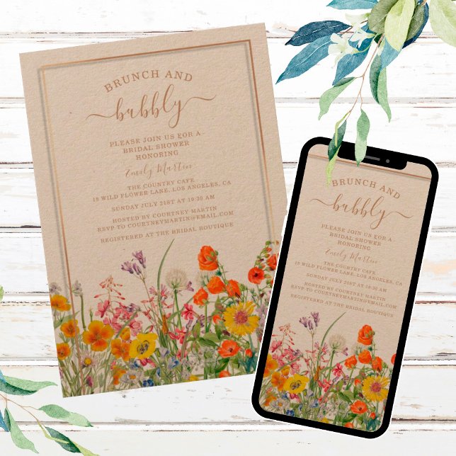 Brunch & Bubbly Boho Wild Flowers Bridal Shower In Invitation (Creator Uploaded)