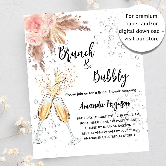 Brunch Bubbly Bridal pampas budget invitation (Creator Uploaded)