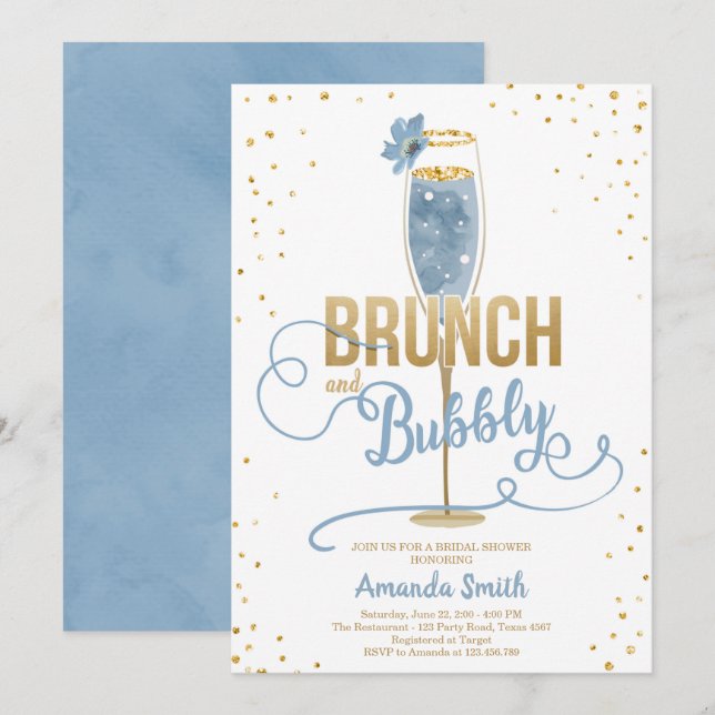 Brunch & Bubbly Bridal Shower Blue Gold Champagne  Invitation (Front/Back)