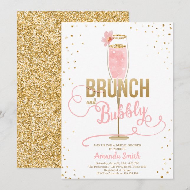 Brunch & Bubbly Bridal Shower Blush Gold Champagne Invitation (Front/Back)