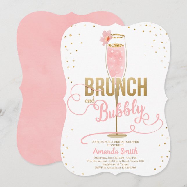 Brunch & Bubbly Bridal Shower Blush Gold Champagne Invitation (Front/Back)