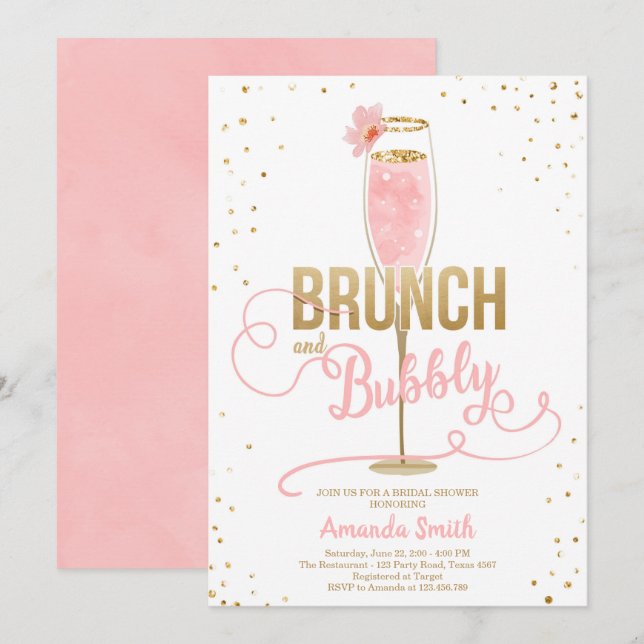 Brunch & Bubbly Bridal Shower Blush Gold Champagne Invitation (Front/Back)