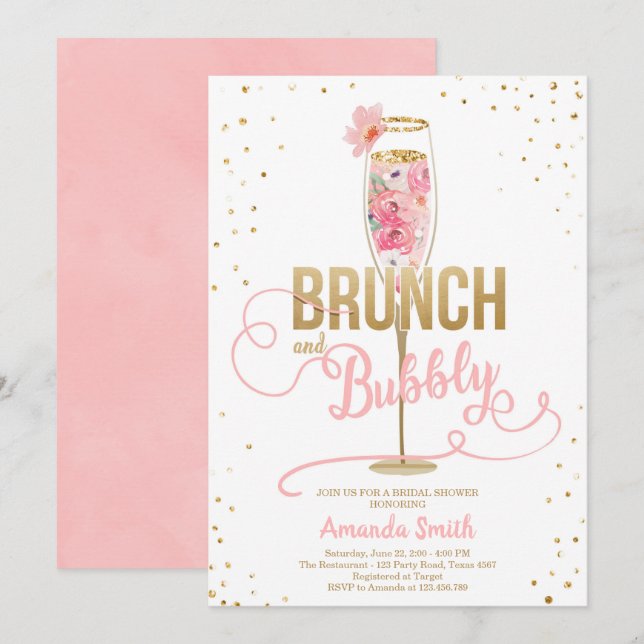 Brunch & Bubbly Bridal Shower Blush Gold Champagne Invitation (Front/Back)