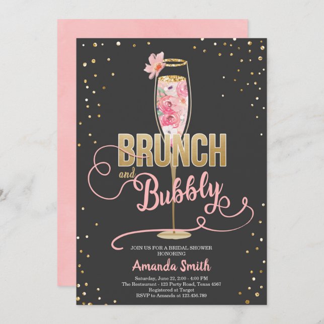 Brunch & Bubbly Bridal Shower Blush Gold Champagne Invitation (Front/Back)