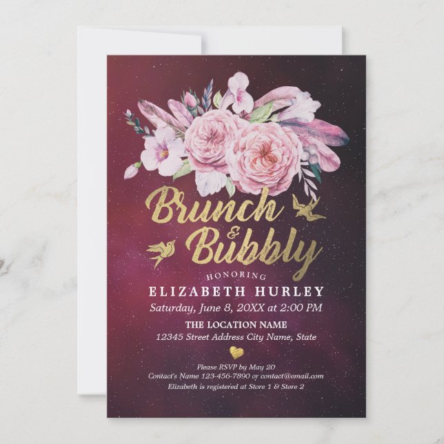 Brunch & Bubbly Bridal Shower Boho Floral Feather Invitation (Front)