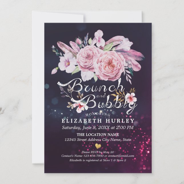 Brunch & Bubbly Bridal Shower Boho Floral Feather Invitation (Front)