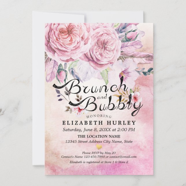 Brunch & Bubbly Bridal Shower Boho Floral Feather Invitation (Front)