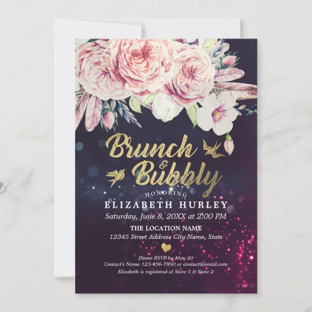 Brunch & Bubbly Bridal Shower Boho Floral Feather Invitation (Front)
