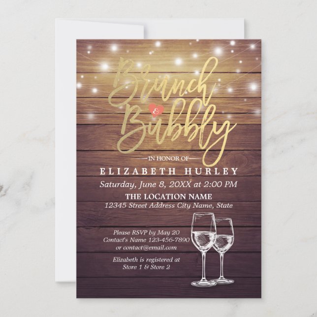 Brunch & Bubbly Bridal Shower Champagne Glass Wood Invitation (Front)