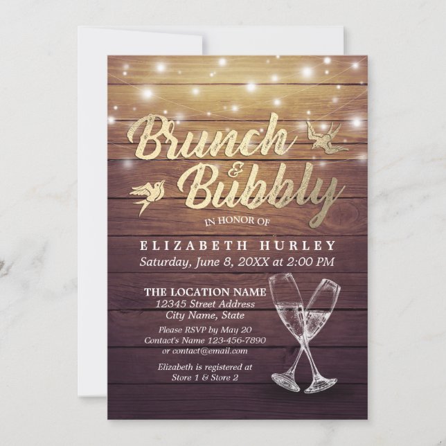 Brunch & Bubbly Bridal Shower Champagne Glass Wood Invitation (Front)